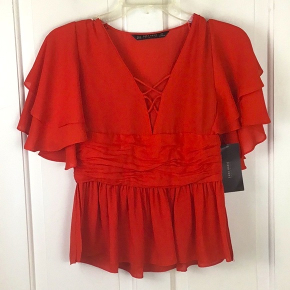 Zara Red Short Sleeve Babydoll Blouse Size S NWT - Picture 2 of 6